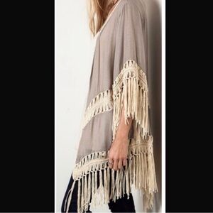 Umgee Taupe Fringe Kimono with Cream Crochet Trim